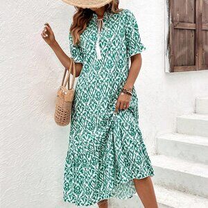 Boho Tassel Tie Neck Flounce Sleeve Ruffle Hem Smock dress Green